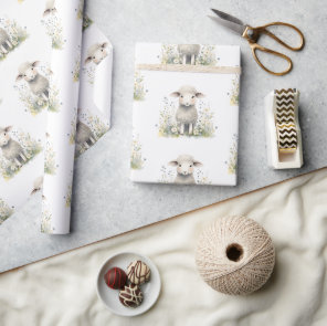 Baby Lamb Sheep Watercolor Baby Shower Wrapping Paper