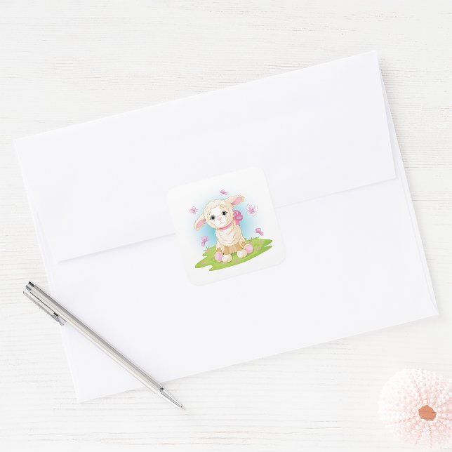 Baby Lamb with Pink Bow and Butterflies Square Sticker (Creator Uploaded)