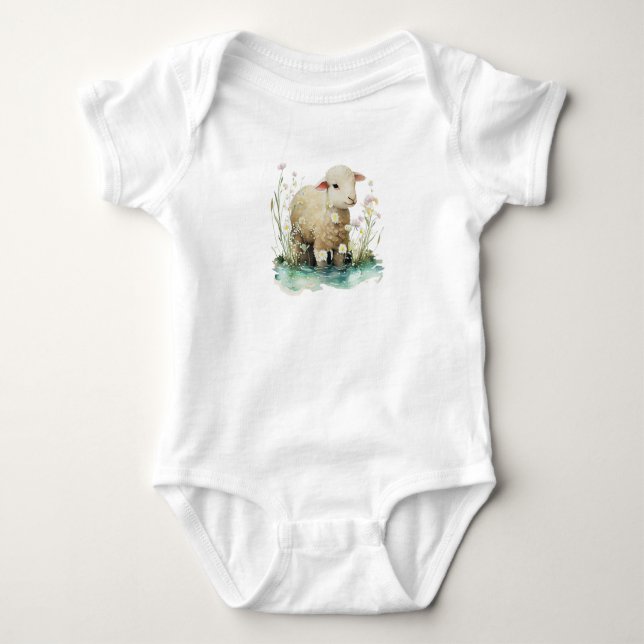 Baby Lamb with Water and Flowers  Baby Bodysuit (Front)