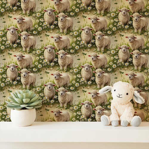 Baby Lambs And Daisies Nursery Wallpaper