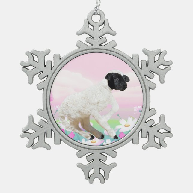 Baby Lambs first steps Snowflake Pewter Christmas Ornament (Front)