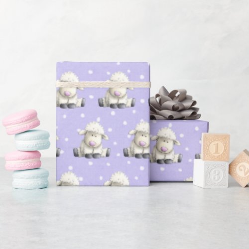 Baby Lambs On Purple Dots Wrapping Paper