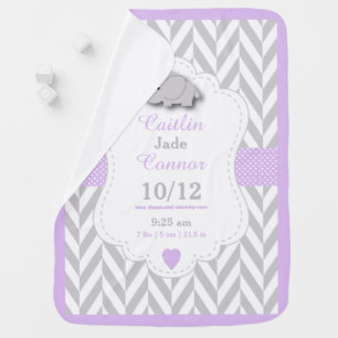 Baby Lavender Elephant Birth Keepsake Design Blanket