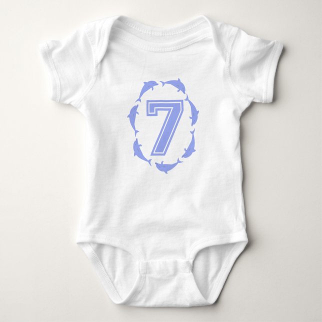 Baby learns number 7 in blue baby bodysuit (Front)