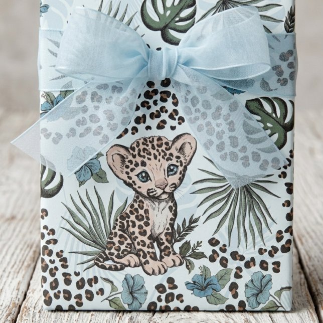 Baby Leopard Blue Safari Kids Jungle Pattern Wrapping Paper (Cute Baby Leopard Cub Animal Print Blue Wrapping Paper. Kids Jungle Safari Theme Boy Birthday Party)