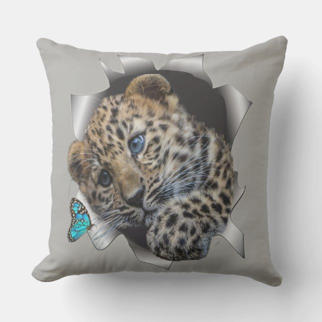 Baby leopard & butterfly throw pillow (Front)
