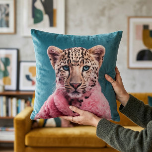  Baby Leopard in Pink Fur Coat Teal  Throw Pillow