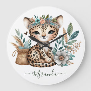 Baby Leopard Wild Jungle Safari Boho Nursery Decor Large Clock
