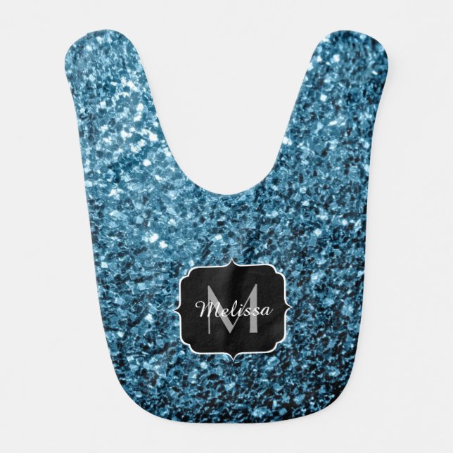 Baby light blue faux glitter sparkles Monogram Baby Bib (Front)