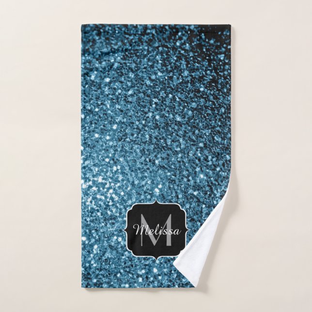 Baby light blue faux glitter sparkles Monogram Bath Towel Set (Hand Towel)