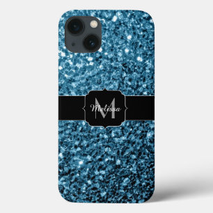 Baby light blue faux glitter sparkles Monogram iPhone 13 Case