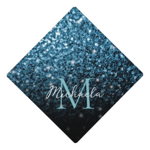 Baby light blue faux glitter sparkles Monogram Graduation Cap Topper