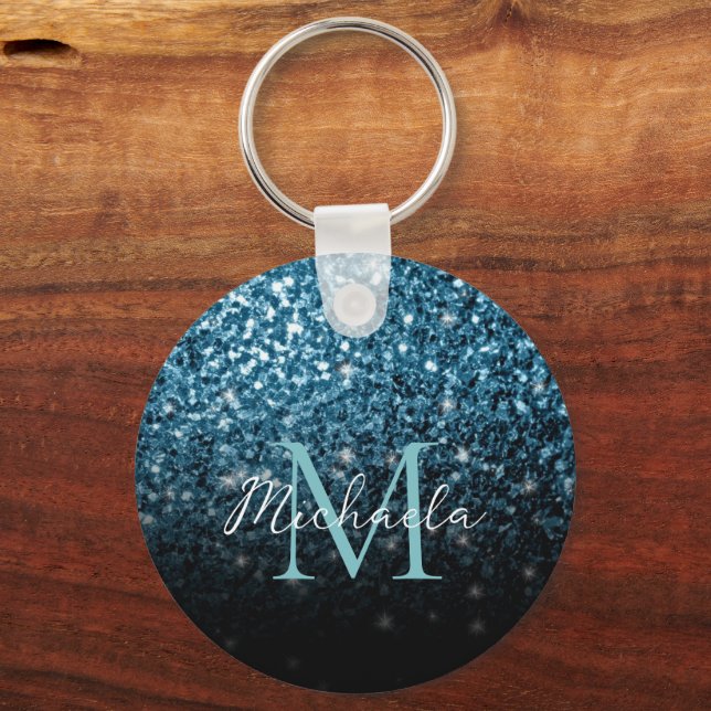 Baby light blue faux glitter sparkles Monogram Keychain (Front)
