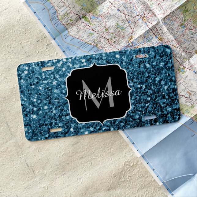 Baby light blue faux glitter sparkles Monogram License Plate (In Situ)