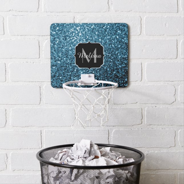 Baby light blue faux glitter sparkles Monogram Mini Basketball Hoop (In Situ)