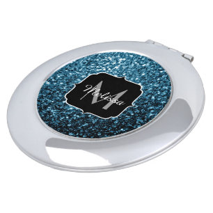 Baby light blue faux glitter sparkles Monogram Mirror For Makeup