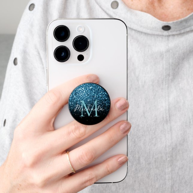 Baby light blue faux glitter sparkles Monogram PopSocket (Hand)