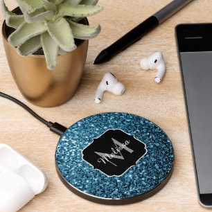 Baby light blue faux glitter sparkles Monogram Wireless Charger