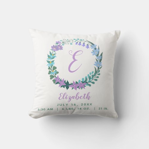 Baby Lilac Blue Green Birth Stats Floral Wreath Throw Pillow