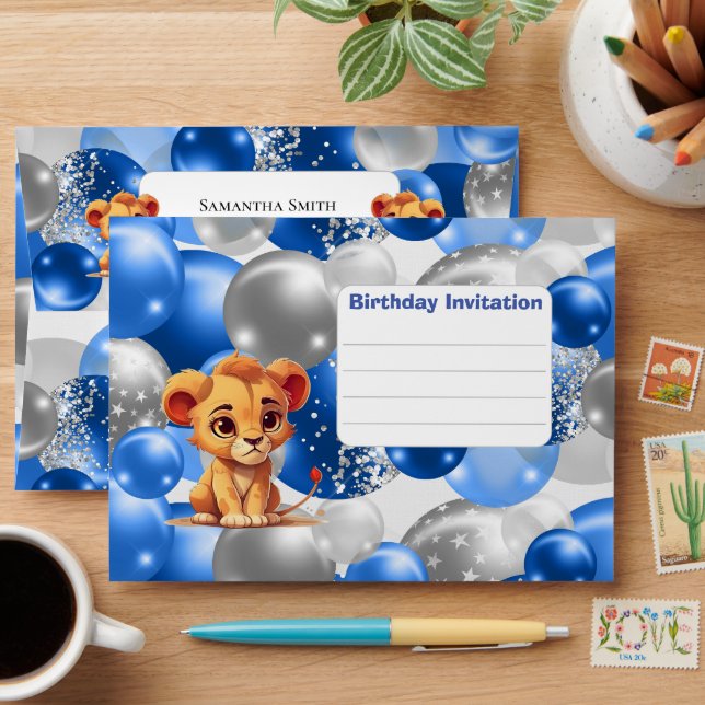 Baby Lion Birthday Invitation Blue Envelope (Desk)