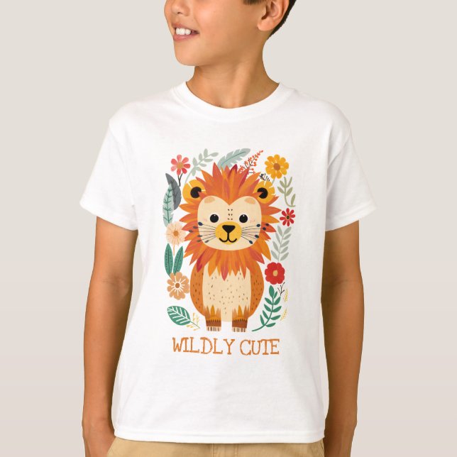 Baby Lion Colorful Leaves Flowers T-Shirt (Front)