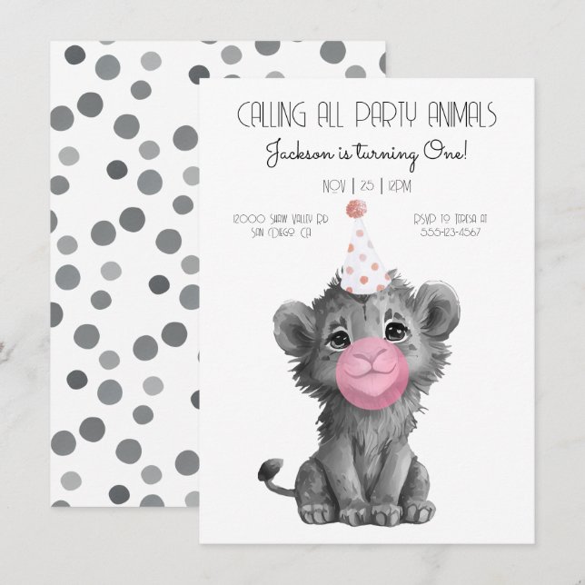 Baby Lion Cub black and white Birthday Invitation (Front/Back)