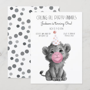 Baby Lion Cub black and white Birthday Invitation