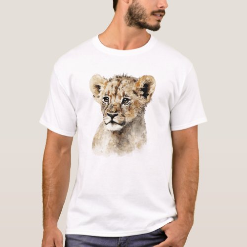 Baby Lion Cub Cute Watercolor Painting Portrait T_Shirt