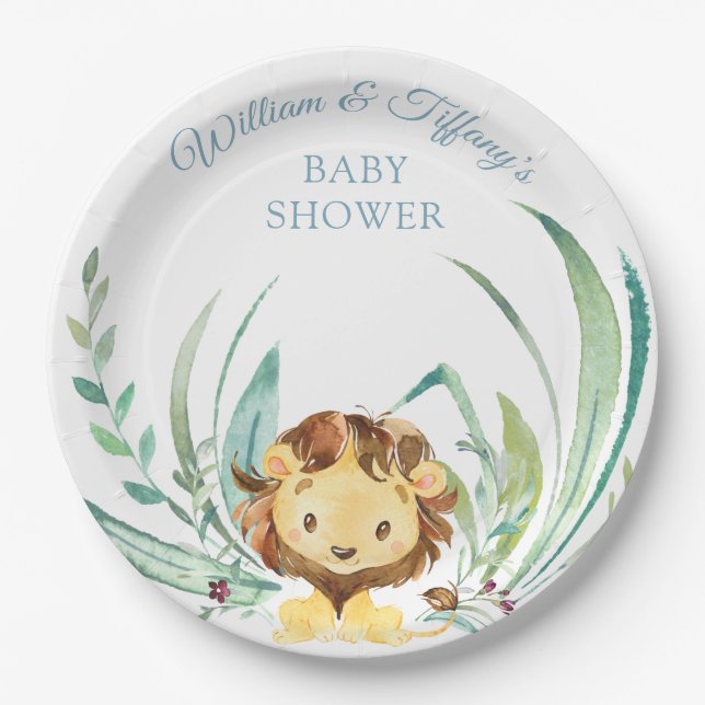 Baby Lion Cub Dusty Blue Baby Shower Paper Plates (Front)