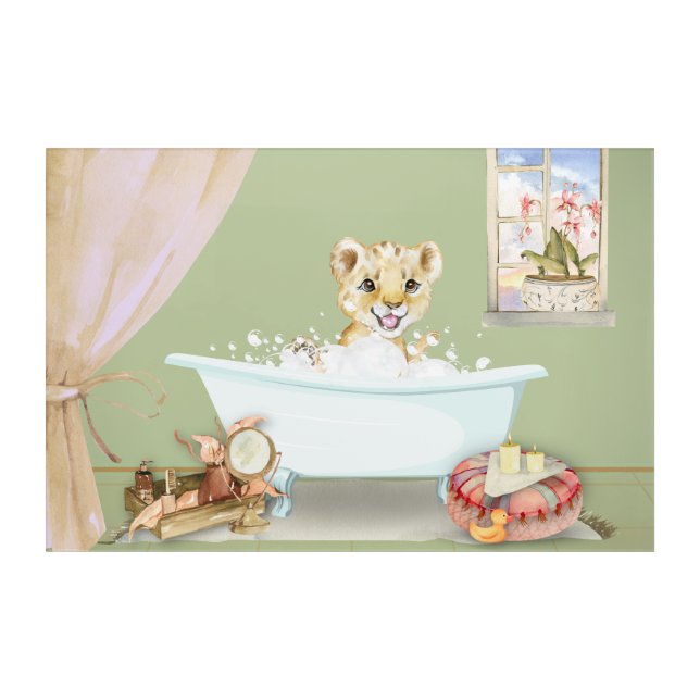 Baby Lion Cub in a Bathtub Acrylic Wall Art (Front)