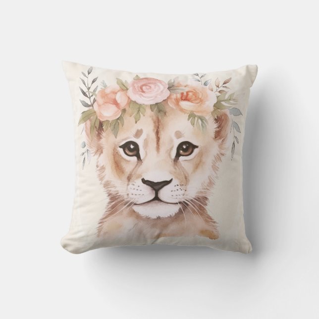 Baby Lion Cub with Flower Crown | Nursery Design Throw Pillow (Front)