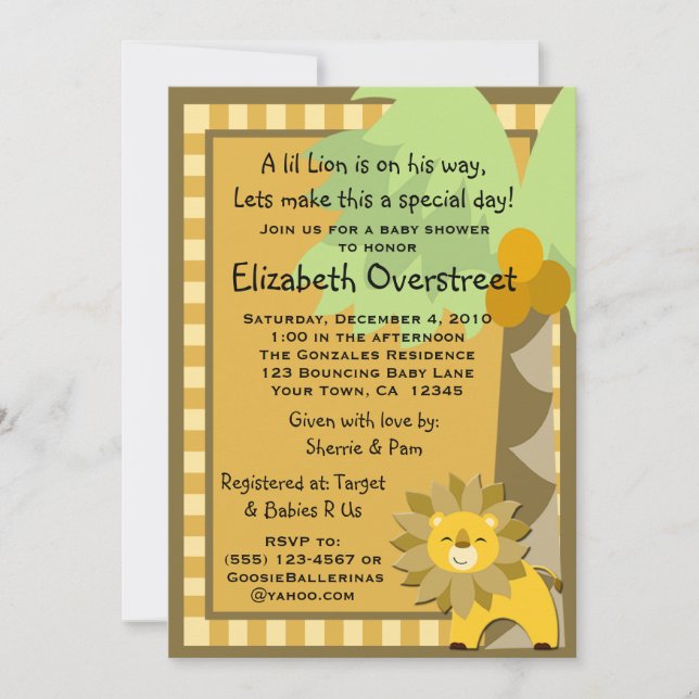 Baby Lion Jungle King Shower Zoo Safari Custom Invitation (Front)