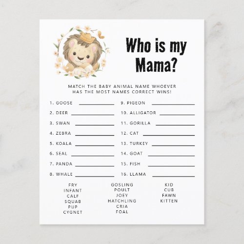Baby Lion King Who Is My Mama Baby Shower Game 