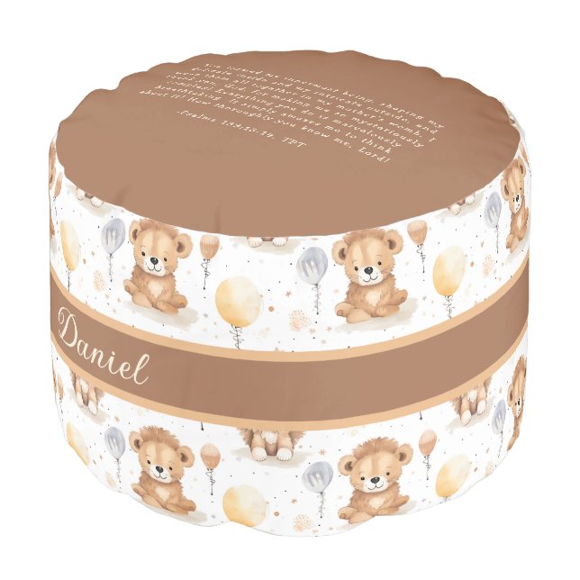 Baby Lion Personalized Psalm Scripture Nursery Pouf (Angled Front)