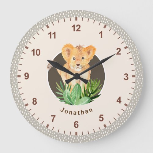 Baby Lion Wildlife Watercolor Neutral Room Decor Large Clock