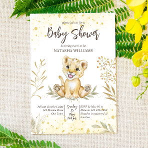 Baby lion yellow gold brown baby shower invite