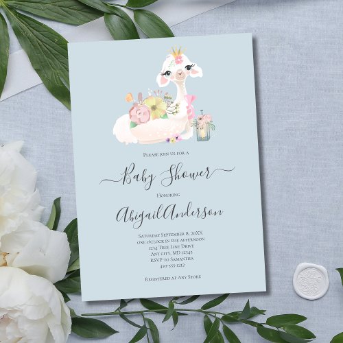 Baby Llama Flowers White Blue Baby Shower Invitation