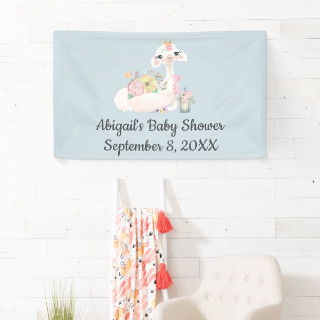 Baby Llama Flowers White Blue Boy Baby Shower Banner (Insitu)