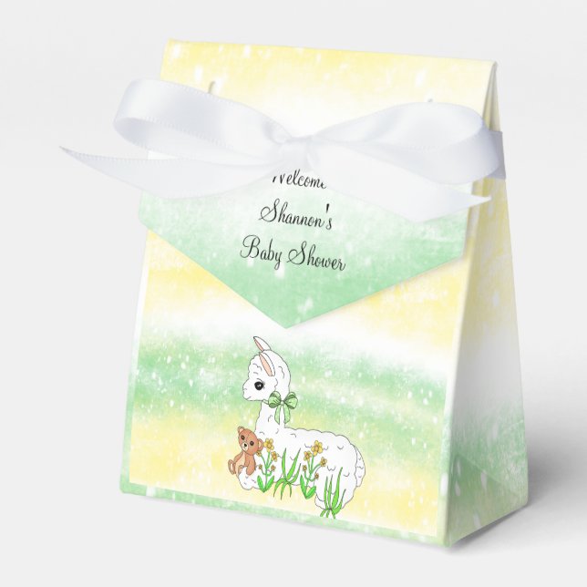 Baby Llama Green and Yellow Baby Shower Favor Boxes (Front Side)
