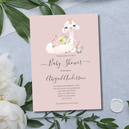 Baby Llama White Pink Flowers Baby Shower Invitation