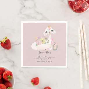 Baby Llama White Pink Flowers Baby Shower Napkins