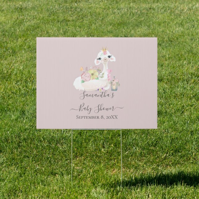 Baby Llama White Pink Flowers Baby Shower Yard Sign (Insitu)