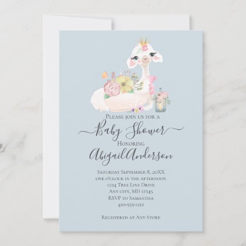 Baby Llama with Flowers White and Blue Baby Boy  Invitation