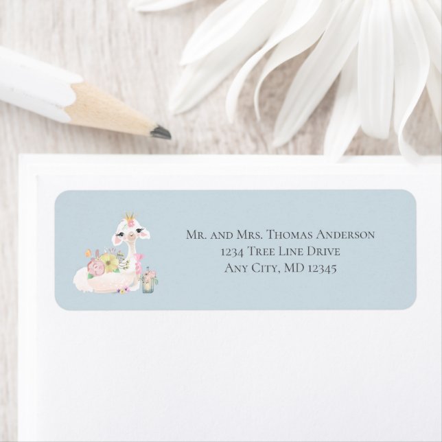 Baby Llama with Flowers White and Blue Baby Boy  Label (Insitu)