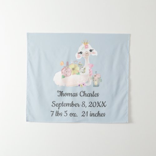 Baby Llama with Flowers White and Blue Baby Boy Tapestry