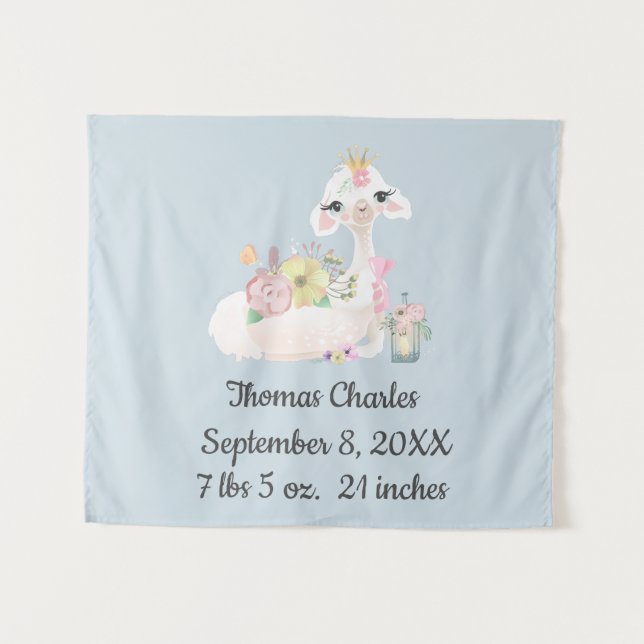 Baby Llama with Flowers White and Blue Baby Boy Tapestry (Front (Horizontal))