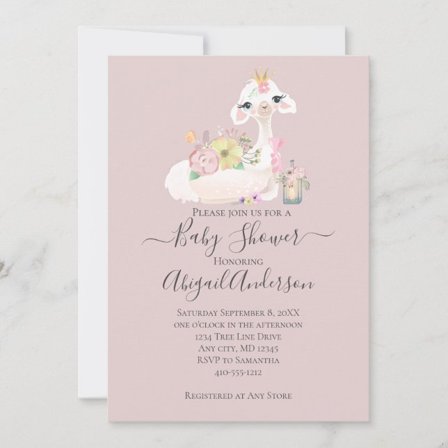 Baby Llama with White and Pink Flowers Adorable Invitation (Front)