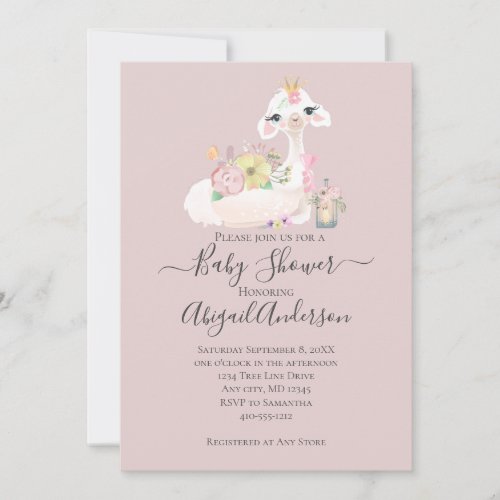 Baby Llama with White and Pink Flowers Adorable Invitation