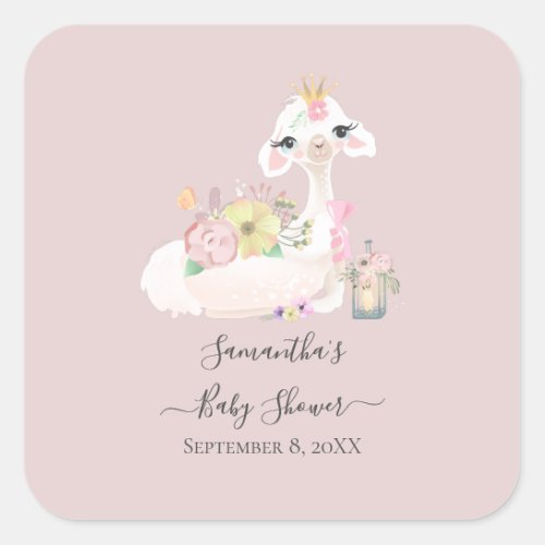 Baby Llama with White and Pink Flowers Adorable  Square Sticker
