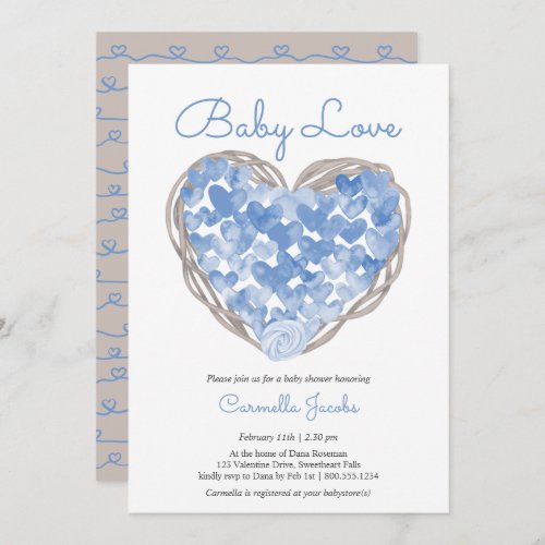 Baby Love Blue Hearts Rustic Boy Baby Shower Invitation